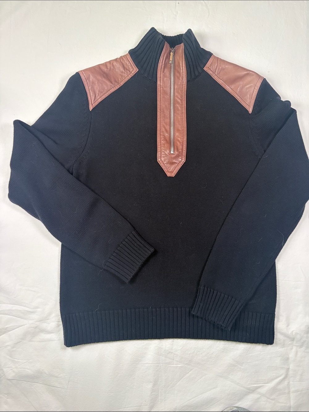 Ralph Lauren Black Knit Half-Zip Sweater with Brown Leather Trim